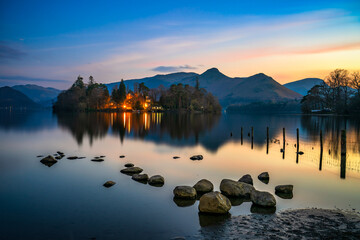 Poster - Derwentwater lake at sunset in Lake District. England