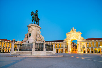 Sticker - Commerce Square (Praca do Comercio) with Rua Augusta Arch and statue of of King Jose I at dawn in Lisbon. Portugal