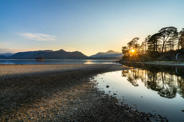 Sticker - Derwentwater lake sunset  panorama in Lake District. England