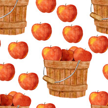 Watercolor Hand Drawn Seamless Pattern With Ripe Harvest Red Apples In Bucket Basket. Thanksgiving Fall Autumn Farm Fabric Print. Fruit Fabric Print For Wrapping Paper Packages