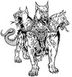Cerberus hellhound Mythological three-headed dog the guard of the entrance to hell. Hound of Hades with chain on his neck. Standing pose, front view. Black and white isolated vector illustration