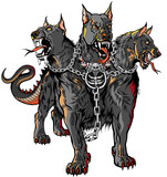 Fototapeta  - Cerberus hellhound Mythological three-headed dog the guard of the entrance to hell. Hound of Hades with chain on his neck. Standing pose, front view. Isolated vector illustration