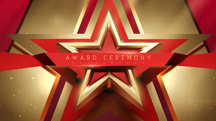 Wall Mural - Award ceremony background with 3d gold star with red ribbon decoration with light effect elements.