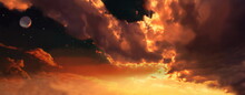  Colorful Dramatic Sky With Clouds, Steaming Cumulonimbus Clouds Reflect The Golden Light Of The Morning Sun, Starry Sky