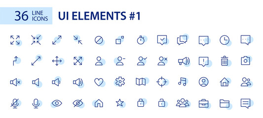 Wall Mural - simple line art ui elements icons set. arrows, file type, clock, messages etc. pixel perfect, editab