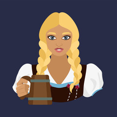 Wall Mural - The profile picture shows a woman with two braids in a Dirndl costume, holding a wooden mug with German beer in her hand. Historical costumes. Flat illustration.