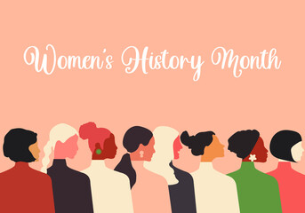 Women's History Month. Women of different ages, nationalities and religions come together. Horizontal pink poster. Vector.