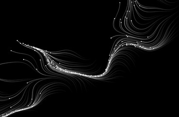 Flowing white particles on black background. Illustration.