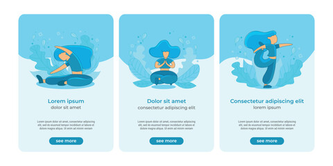 UI design of web site or application with yoga flat outline illustration blue colored, rounded shapes, set of three poses, with titles, descriptions and buttons.