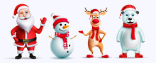Christmas Characters Vector Set Design. Santa Claus, Reindeer, Snowman And Polar Bear 3d Christmas Character With Cute And Friendly Pose And Expressions For Xmas Season Collection. Vector Illustration