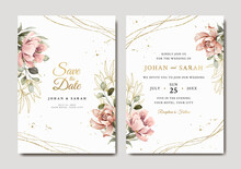Wedding Invitation Template With Peony And Gold Leaves