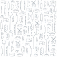 Wall Mural - Seamless pattern for bakery shop, cafe, cupcake shop - packaging design wrapping paper with linear icons of bread and mill