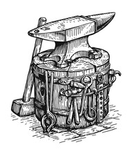 Anvil, Hammer And Other Blacksmith Tools. Handmade Forging Metal, Blacksmith Shop Concept. Sketch Vintage Vector