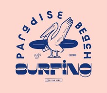Pelican Surfing. Paradise Beach Surfing Tropical Bird With A Surfboard Silkscreen Style Vintage T-shirt Print Surfing Vector Illustration