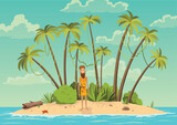 Fototapeta Dinusie - Robinson crusoe island. Man on desert island in ocean and palm coconut trees. Tropical paradise landscape, sandy beach flat cartoon vector illustration. Shipwrecked man