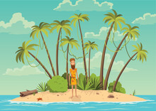 Robinson crusoe island. Man on desert island in ocean and palm coconut trees. Tropical paradise landscape, sandy beach flat cartoon vector illustration. Shipwrecked man