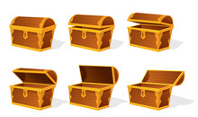 Chest Animation. Empty Old Wooden Chest For Gold Treasure Set. Cartoon Ancient Container For Pirates Isolated Vector Icon On White. Game Wooden Antique Box For Treasure