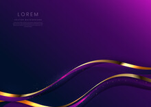 Abstract 3d Gold Curved Purple Ribbon On Purple And Dark Blue Background With Lighting Effect And Sparkle With Copy Space For Text. Luxury Design Style.
