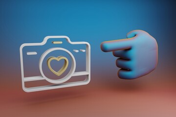 Poster - Beautiful illustrations abstract Hand index finger points to Camera with heart symbol icon on a multicolor bright background. 3d rendering illustration. Background pattern for design.