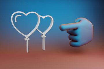 Poster - Beautiful illustrations abstract Hand index finger points to Heart Balloons symbol icon on a multicolor bright background. 3d rendering illustration. Background pattern for design.