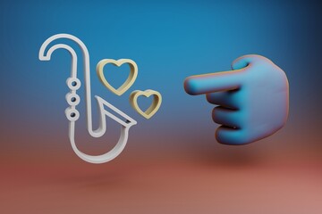 Poster - Beautiful illustrations abstract Hand index finger points to Saxophone with heart  symbol icon on a multicolor bright background. 3d rendering illustration. Background pattern for design.