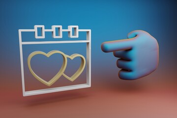 Poster - Beautiful illustrations abstract Hand index finger points to Date with heart symbol icon on a multicolor bright background. 3d rendering illustration. Background pattern for design.