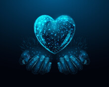 Two Human Hands Are Holds Heart. Wireframe Glowing Low Poly Heart. Design On Dark Blue Background. Abstract Futuristic Vector Illustration.