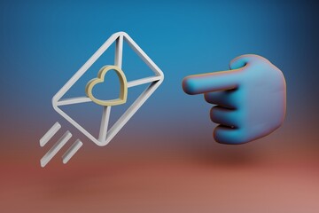Poster - Beautiful illustrations abstract Hand index finger points to Wedding Invitation with heart symbol icon on a multicolor bright background. 3d rendering illustration. Background pattern for design.