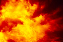 Black Yellow Orange Red Sky. Bloody Fiery Red Dramatic Sky Background With Space For Design. Night. Explosion, Flash, Blaze, Fire. Armageddon, Creepy, Horror, War Concept.