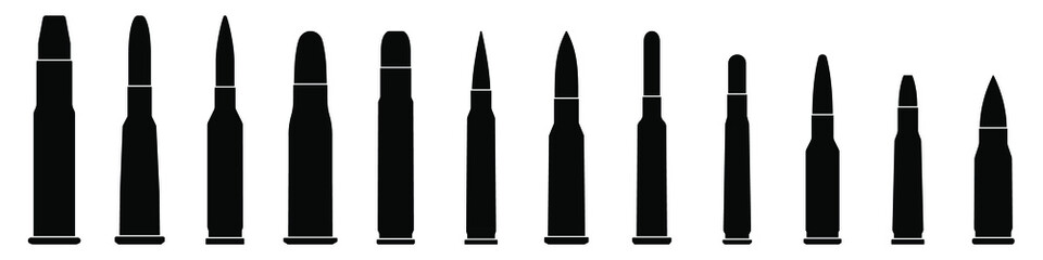 Poster - Bullet icon isolated. Various of military cartridge. Military ammunition. Bullet or patron silhouette. Vector illustration.