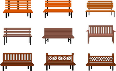 Outdoor wooden benches. isolated on white background. brown vector bench in flat style. Set Vector illustration.