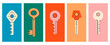 Set of various house keys. Colored posters with hand drawn house keys. Different door keys isolated on colored background. Home security illustration