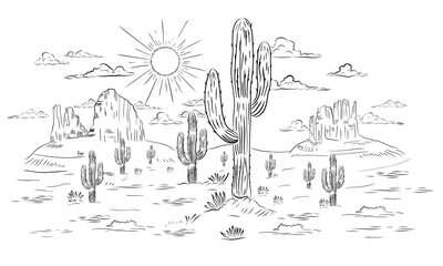 Sketch of the desert of America with cacti. Prairie landscape. Hand-drawn vector illustration