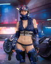 Portrait Of Cyberpunk Sci-fi Police Woman Standing In A Futuristic Street In Front Of Her Motorcycle With Gun In Hand. 3D Illustration.