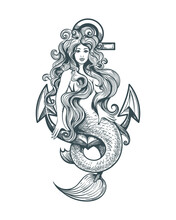 Mermaid On Anchor Tattoo In Retro Style