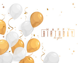 Happy Birthday elegant card with gold and white balloons. Congratulation in flat design
