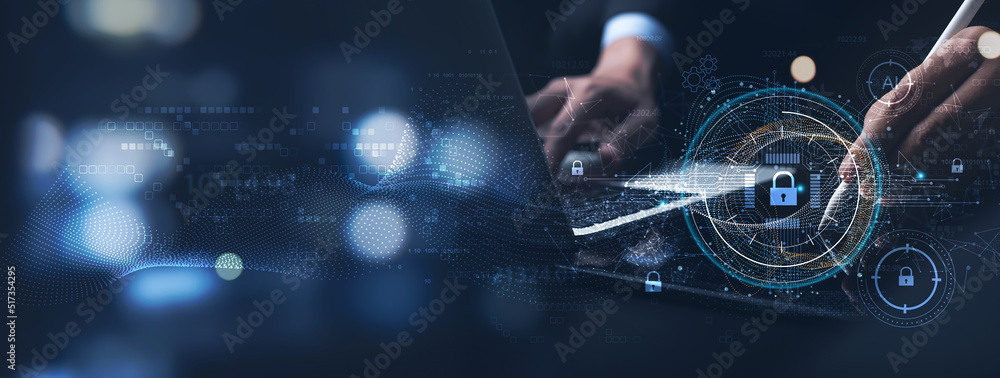 Cyber security and data protection. Businessman using digital tablet ...