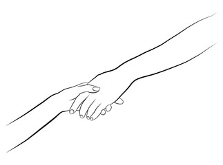 The doors of the hand are a black line. Holding hands. By drawing a single line on a white background. Vector illustration.