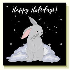 Wall Mural - Happy holidays 2023 Zodiac sign, Year of the Rabbit. Cute rabbit character on black background. Christmas poster