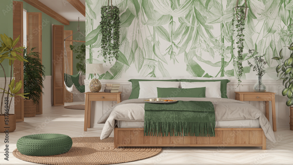 Farmhouse wooden bedroom in boho style in white and green tones. Double ...
