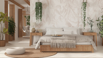 Wall Mural - Farmhouse wooden bedroom in boho style in white and beige tones. Double bed, hanging chair and potted plants. Window with shutters and wallpaper. Country vintage interior design