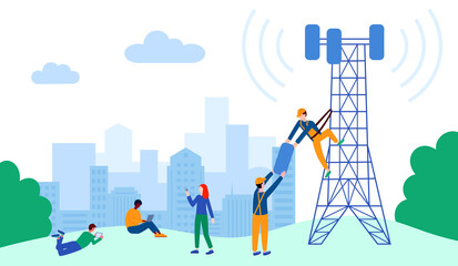 5G tower signal. Mobile communication internet and wifi. Computer and phone connection. Workers building telecommunication equipment. Wireless network users. Vector cartoon illustration