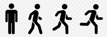 Man Stands, Walk And Run Pictogram Set. People Icons. Silhouette Of A Man Collection. Run, Walk, Stand Pictograms. Person Standing, Walking And Running.