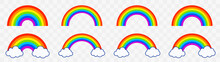 Colorful Rainbows Icons Set. Collection Classic Rainbow. Red, Orange, Yellow, Green, Blue And Purple Colour. Rainbow With White Cloud.