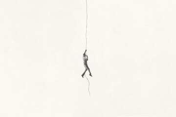 illustration of minimal black and white man climbing a rope, abstract surreal concept