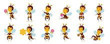 Cartoon Bee Character Set. Cute Flying Bug Mascot With Honey For Good Recipes, Hold Berries And Flowers, Funny Happy Drink, Farm Delivery And Organic Nature. Vector Children Illustration