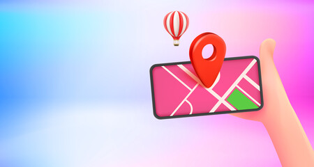 Leinwandbilder - Hand with smartphone and navigation app. 3d vector banner with copy space