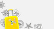 Travel banner with yellow bag, doodle elements and copy space. Vector illustration