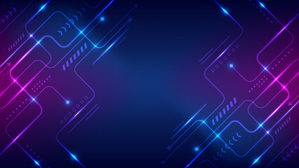 Wall Mural - Abstract technology connection data concept circuit lines board with nodes and geometric elements lighting effect on blue background