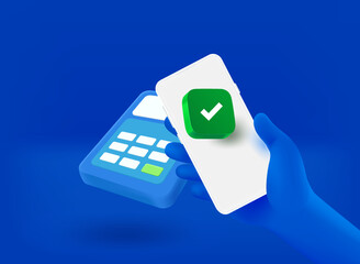 Aufkleber - Payment via modern smartphone with checkmark pictogram. 3d vector illustration